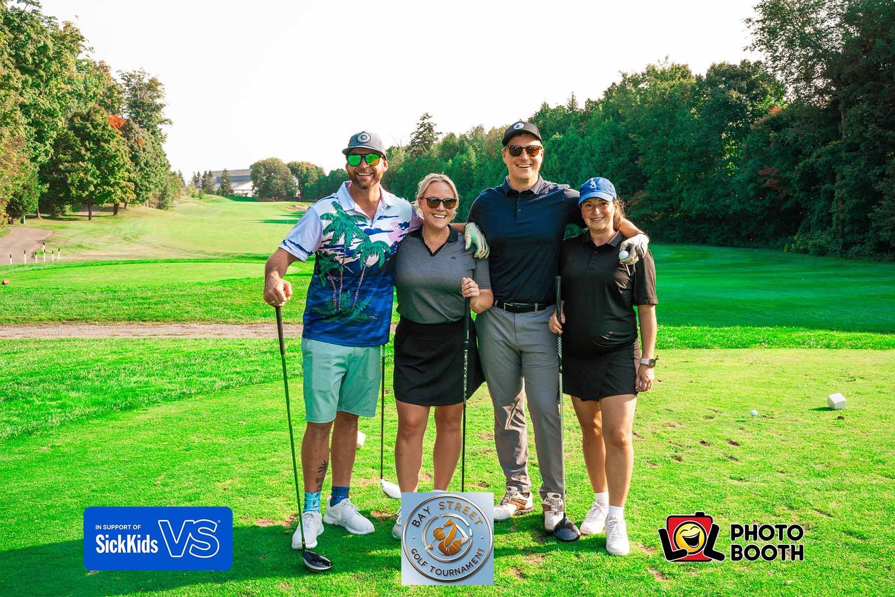 Group of four people at a SickKids corporate charity golf tournament using a photo template.