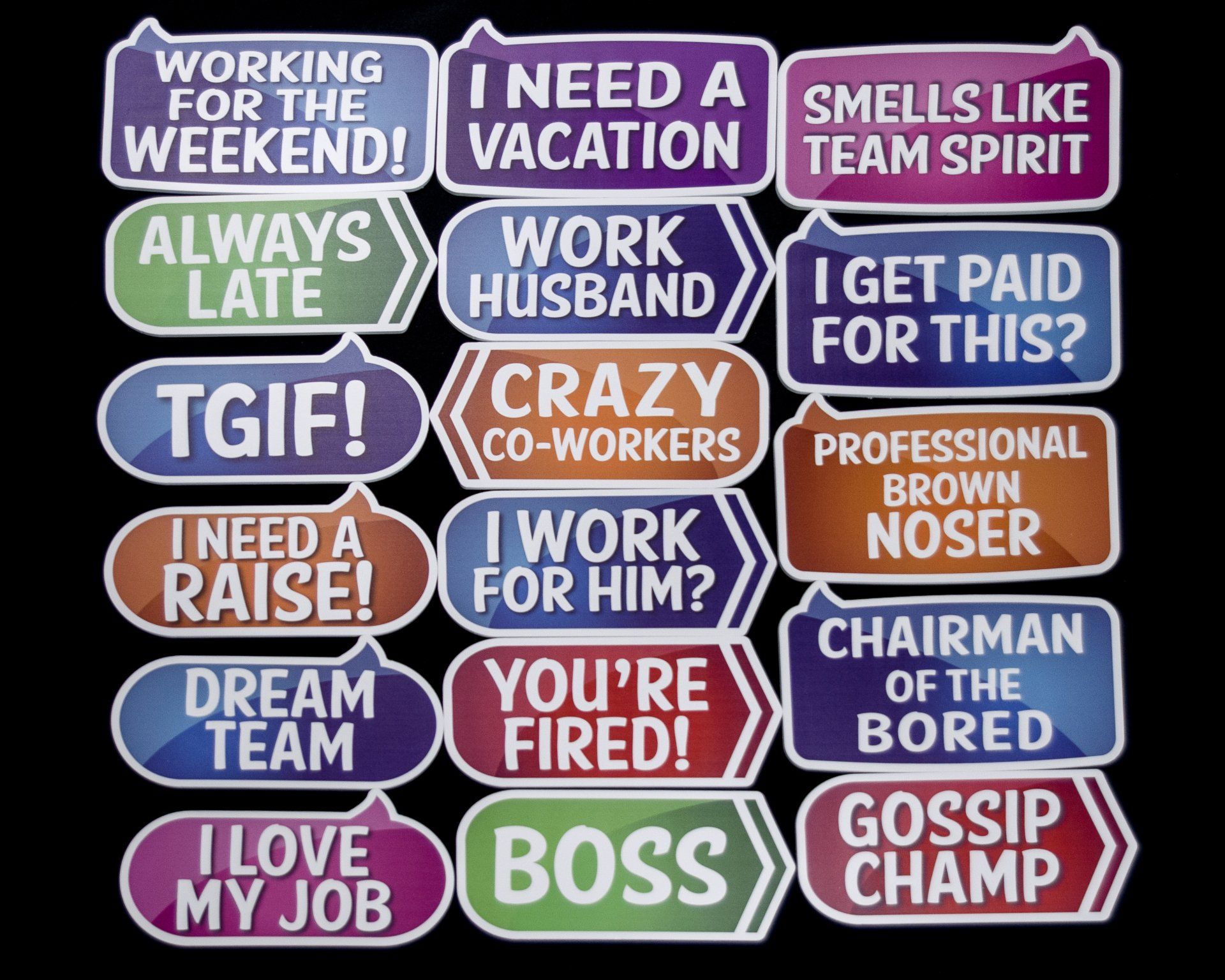 A bunch of stickers that say working for the weekend