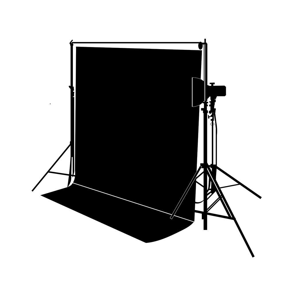A silhouette of a black backdrop with a camera on a tripod.