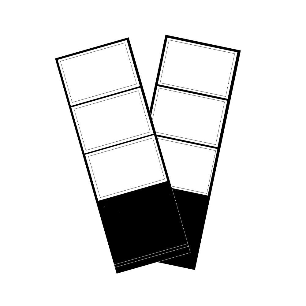 A pair of black and white photo booth tickets on a white background.