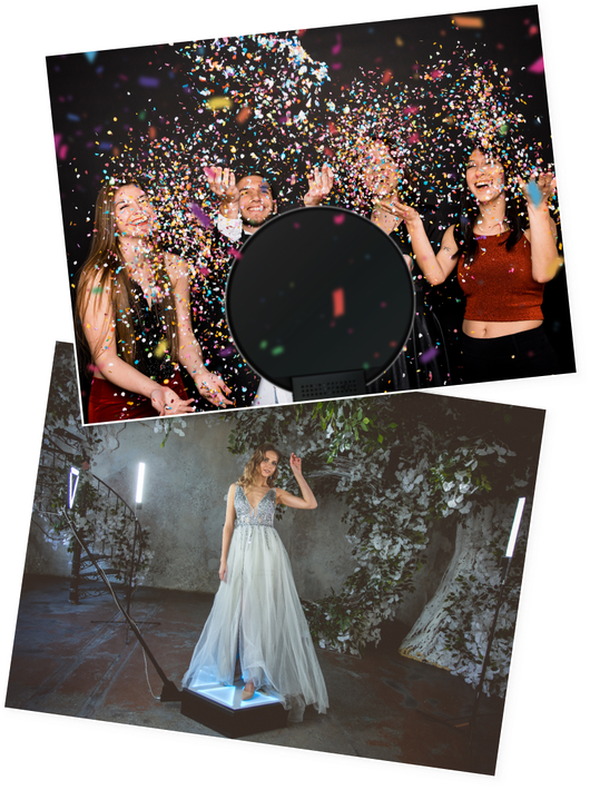 A group of people are standing in front of a confetti machine.