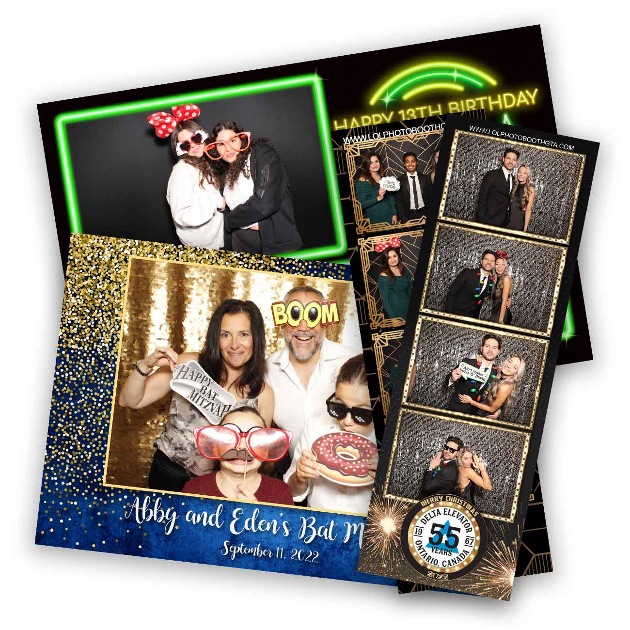 A photo booth with a neon sign that says happy 10th birthday