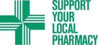 A green cross with the words `` support your local pharmacy '' written below it.