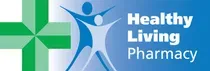 A logo for a healthy living pharmacy with a person standing in front of a green cross.