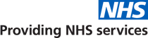 The nhs logo is blue and white and says providing nhs services.