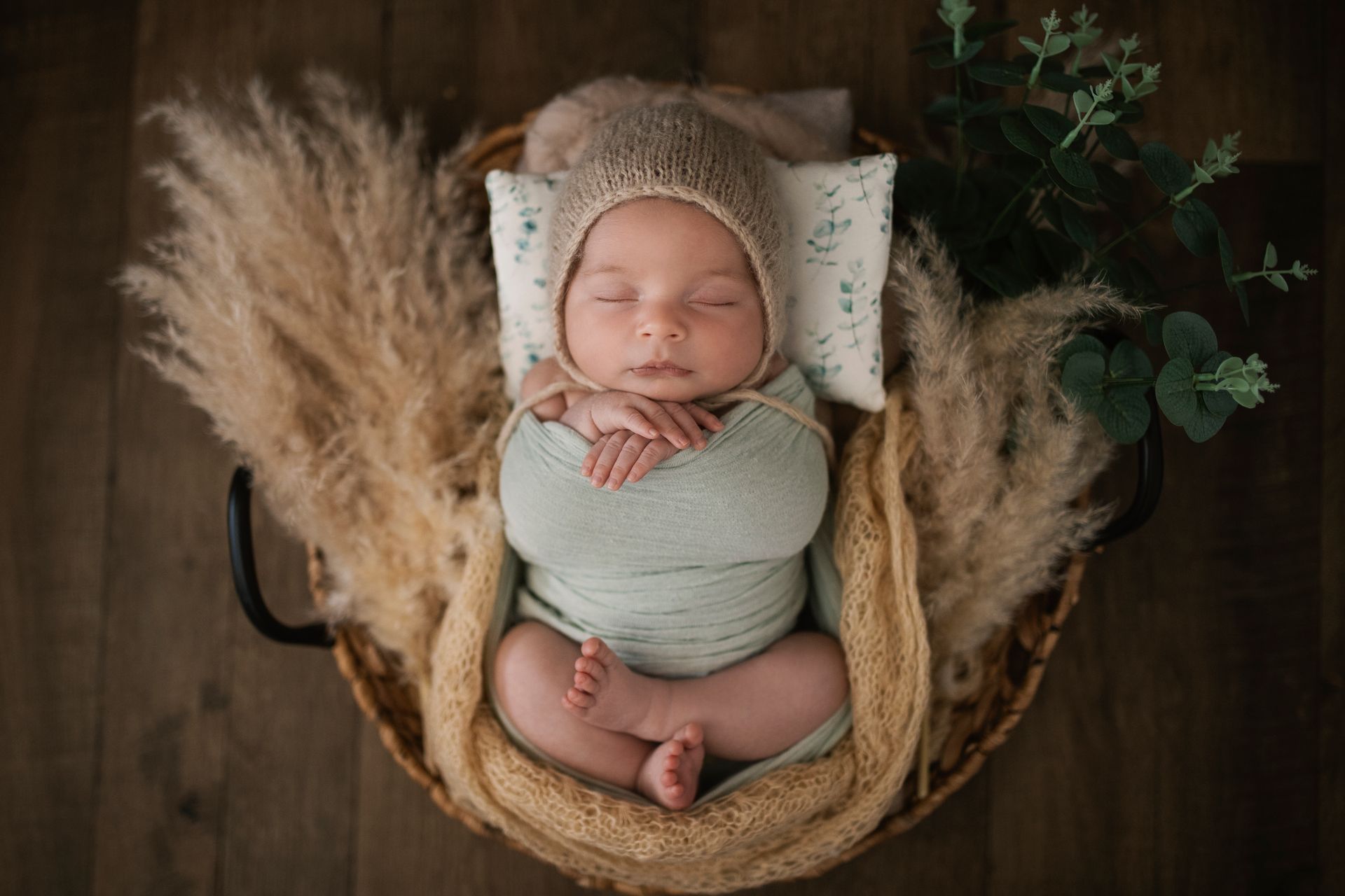 Neonato avvolto in fasce verdi, che dorme in un cesto intrecciato con erba secca e verde.