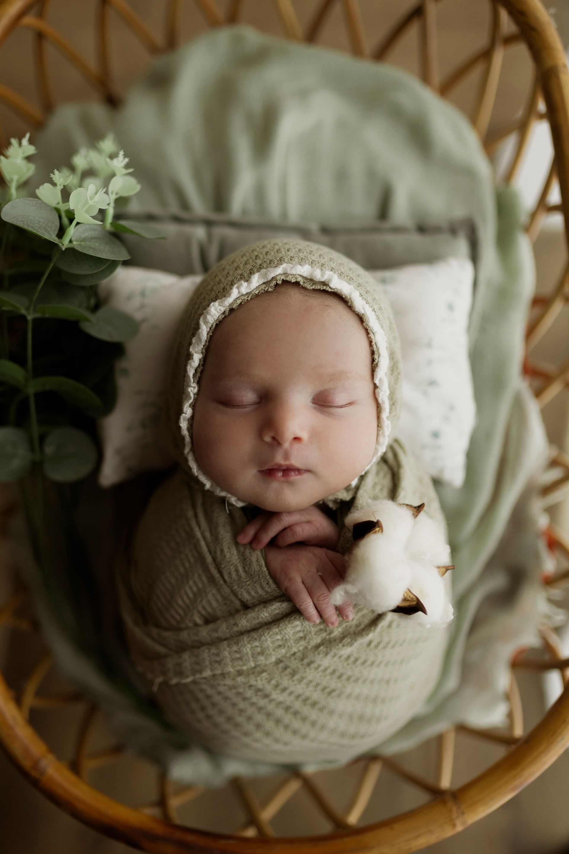Neonato avvolto in fasce verdi, con indosso una cuffia, che dorme in un cesto intrecciato.