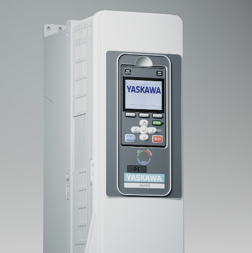 Panel de control VFD Yaskawa con pantalla y botones, montado en una carcasa blanca.