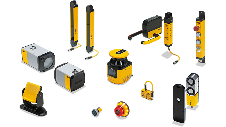 Colección de sensores y dispositivos de seguridad industrial de color amarillo y negro.