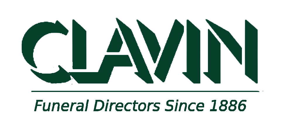 Logo for Clavin Funeral Directors since 1886 in teal with stylized text.