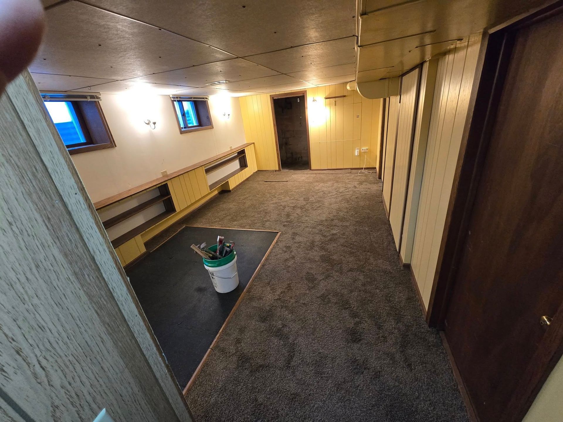 Basement room with dark carpet, yellow walls, storage shelves, and a door on the right.