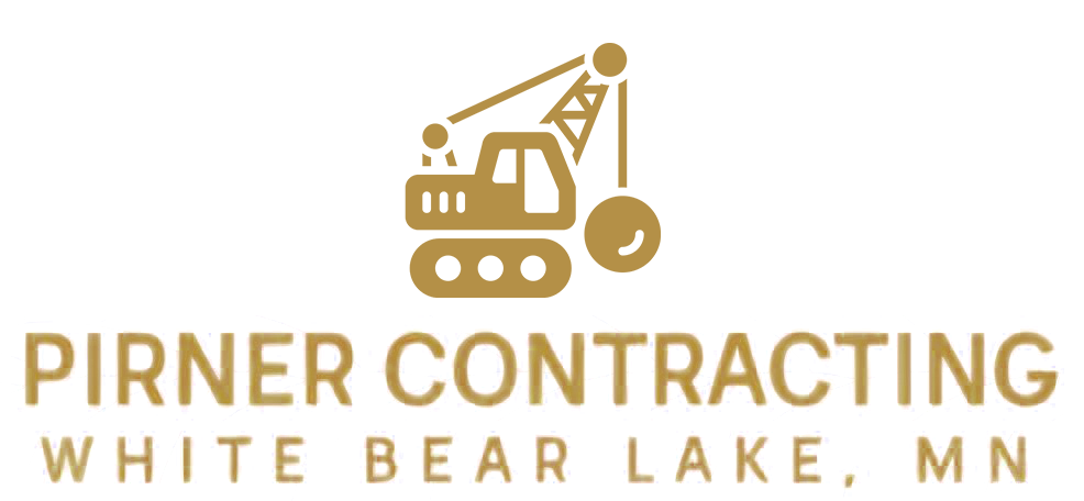 Logo for Pirner Contracting of White Bear Lake, MN, features a gold demolition machine and company name.