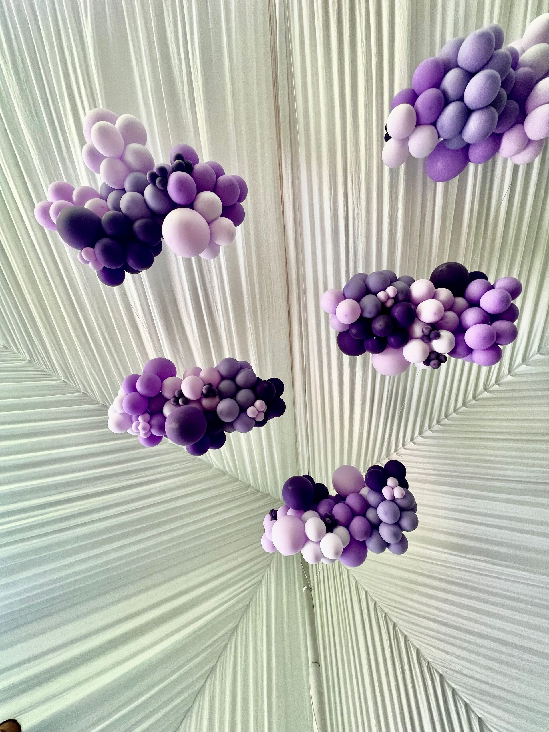 Purple and white balloons are hanging from the ceiling