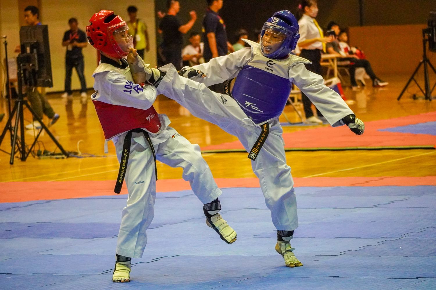 兩個小男孩正在健身房的墊子上打跆拳道。