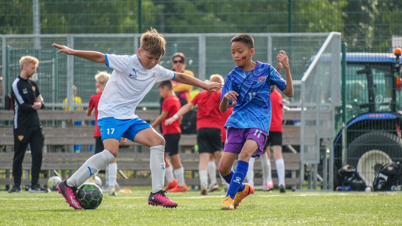 一群小男孩正在城堡前擺姿勢拍照。