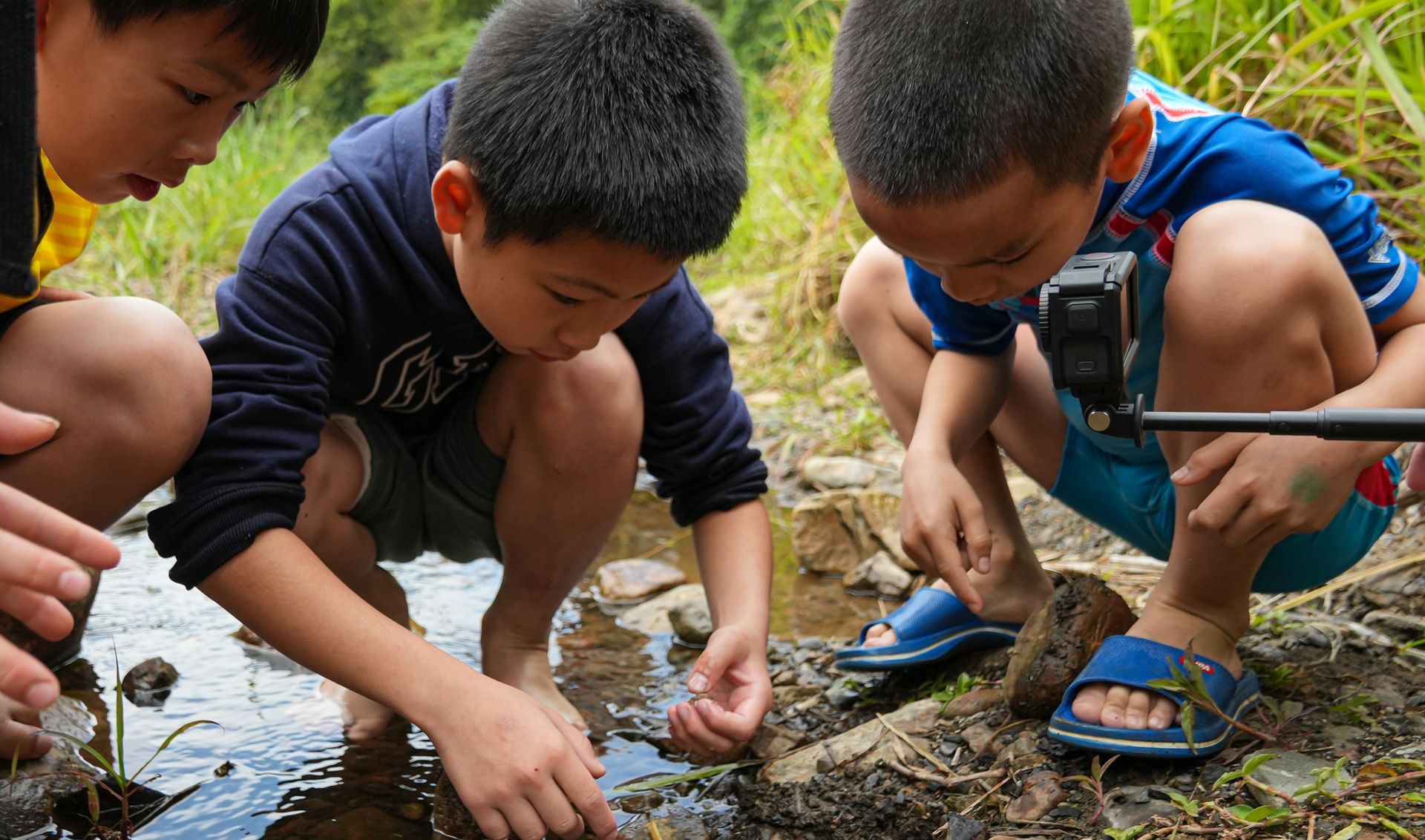 一群小男孩在溪裡玩耍