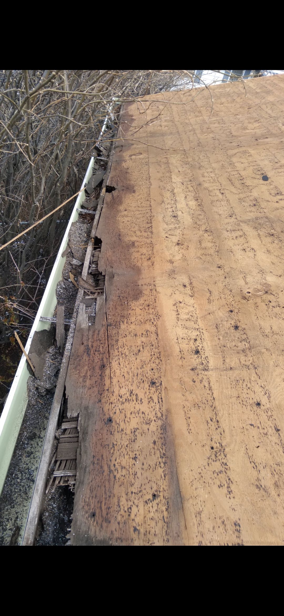 View of an old wooden roof with a dirty surface, showing an edge with metal fixtures.