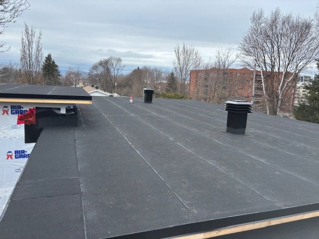 Un toit noir avec une cheminée au-dessus.