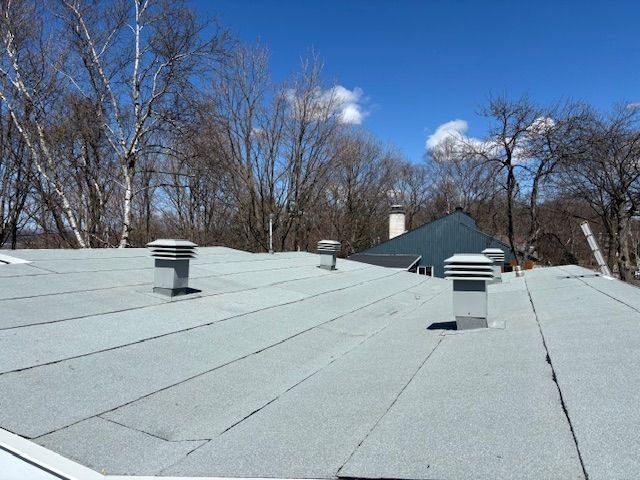 Un toit avec des cheminées et des arbres en arrière-plan