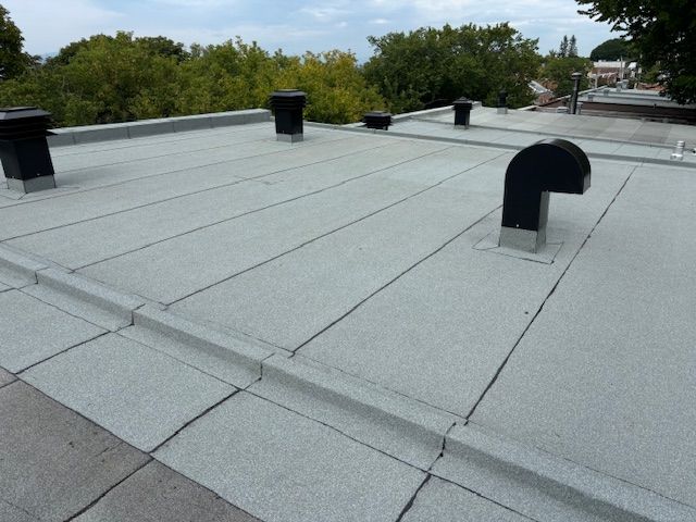 Un toit avec un tuyau noir dessus et des arbres en arrière-plan