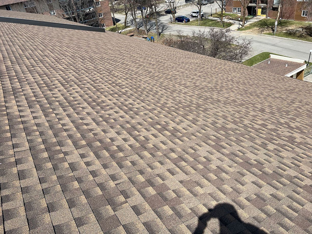 Un toit avec beaucoup de tuiles et l'ombre d'une personne dessus.