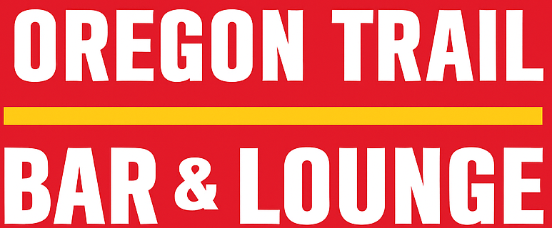Logo for Oregon Trail Bar & Lounge, white text on red background with yellow horizontal line.