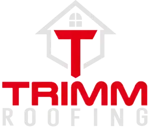 A red and white logo for trimm roofing