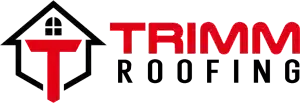 A red and black logo for trimm roofing with a house and a cross.