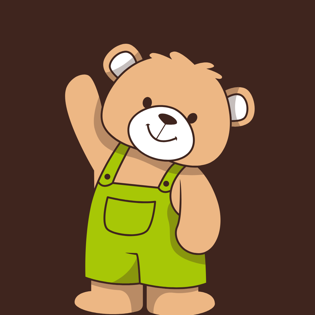 Brown teddy bear waving, wearing green overalls, against a brown background.
