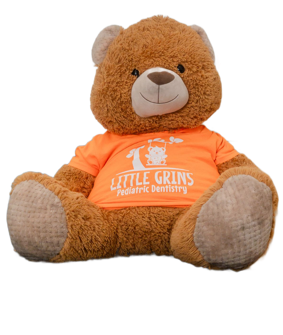 Brown teddy bear wearing an orange shirt with 