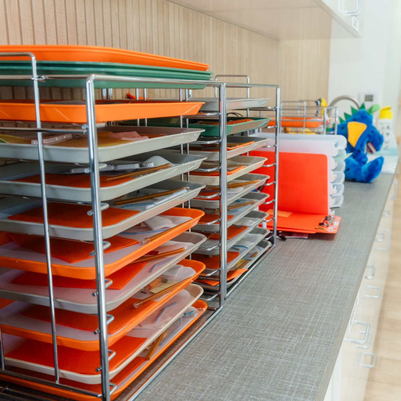 Metal rack holding orange and green trays; countertop with water faucet and toys.