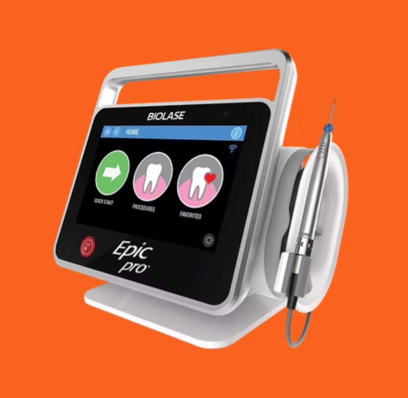 Biolase Epic pro dental laser device with touchscreen, handpiece, and icons on an orange background.