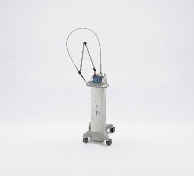 Biolase Epic pro dental laser device with touchscreen, handpiece, and icons on an orange background.