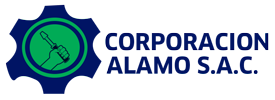 un logotipo de corporación alamo s.a.c. con un engranaje azul y verde