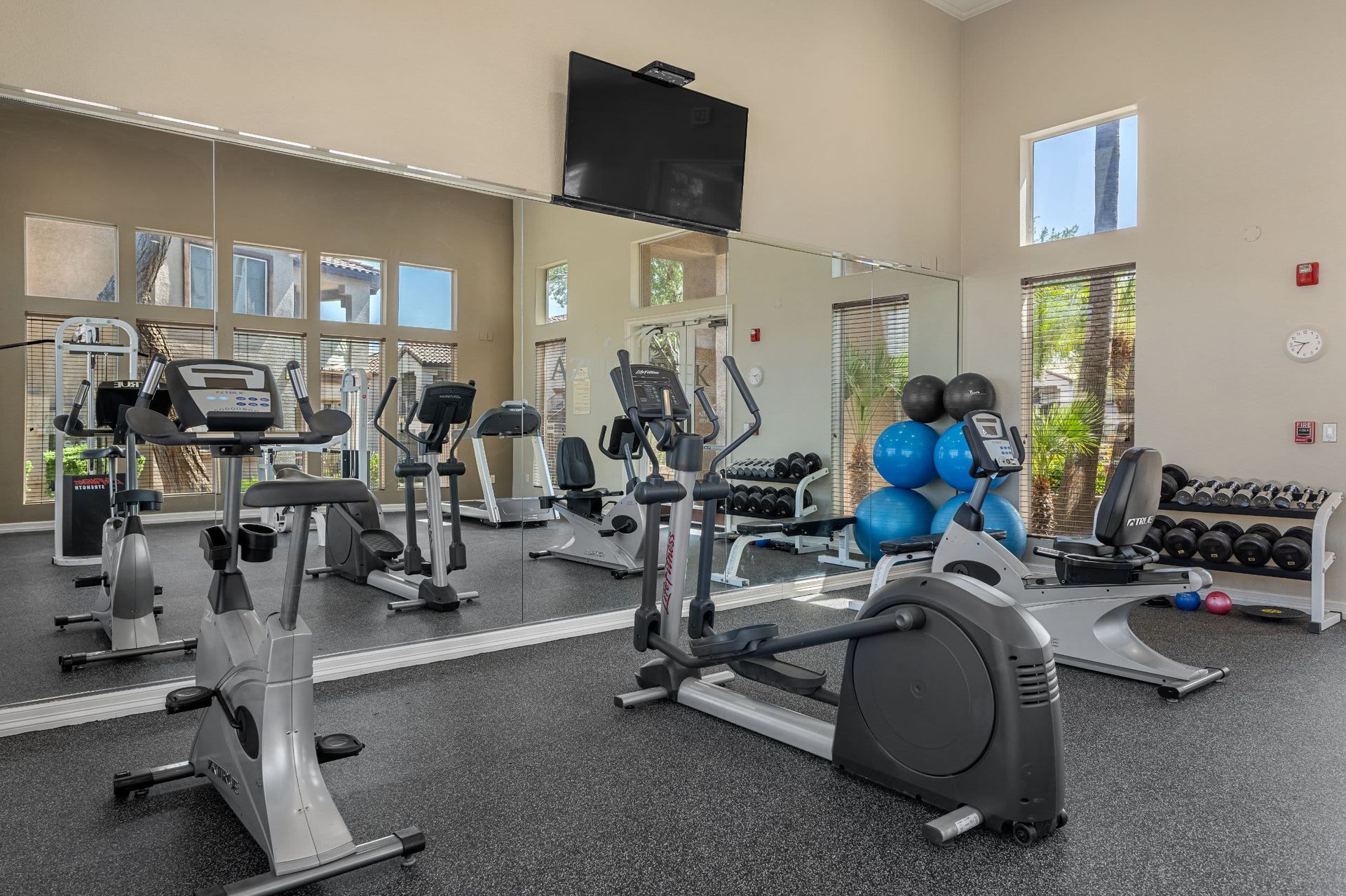 A well-equipped, bright gym with large windows providing natural light. The gym features multiple cardio machines, including treadmills and stationary bikes, a weight rack with dumbbells, and an area with exercise balls. A flat-screen TV is mounted on the wall, and mirrors enhance the space's open feel at Azure Creek in North Phoenix, AZ.