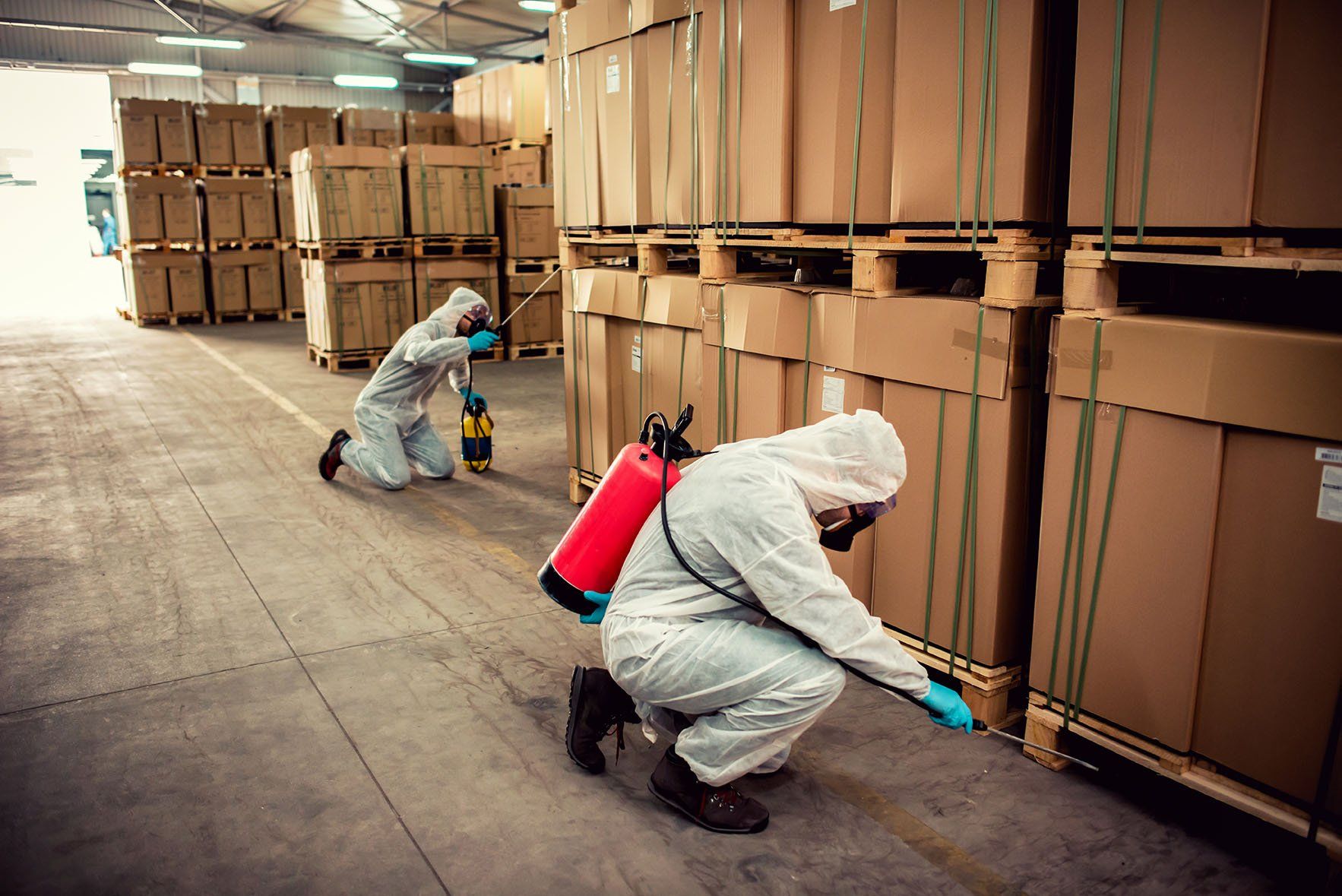 Exterminators in warehouse spraying pesticides — Albany, GA — Seminole Pest Management