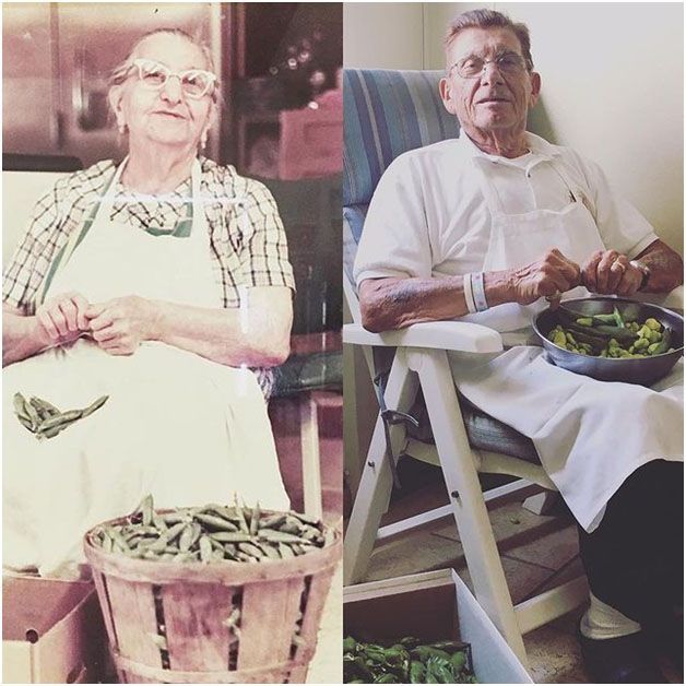 Lina Pizza and her son, Elio Pizza, peeling fava beans