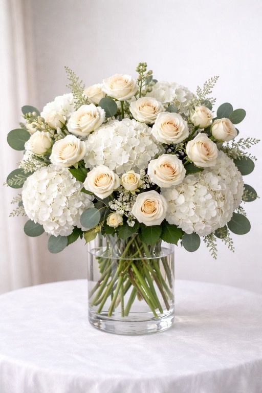 Ivory Romance Rose & Hydrangea Vase