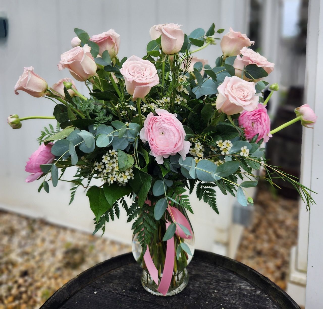 Dozen Blush Roses with Pink Ranunculus