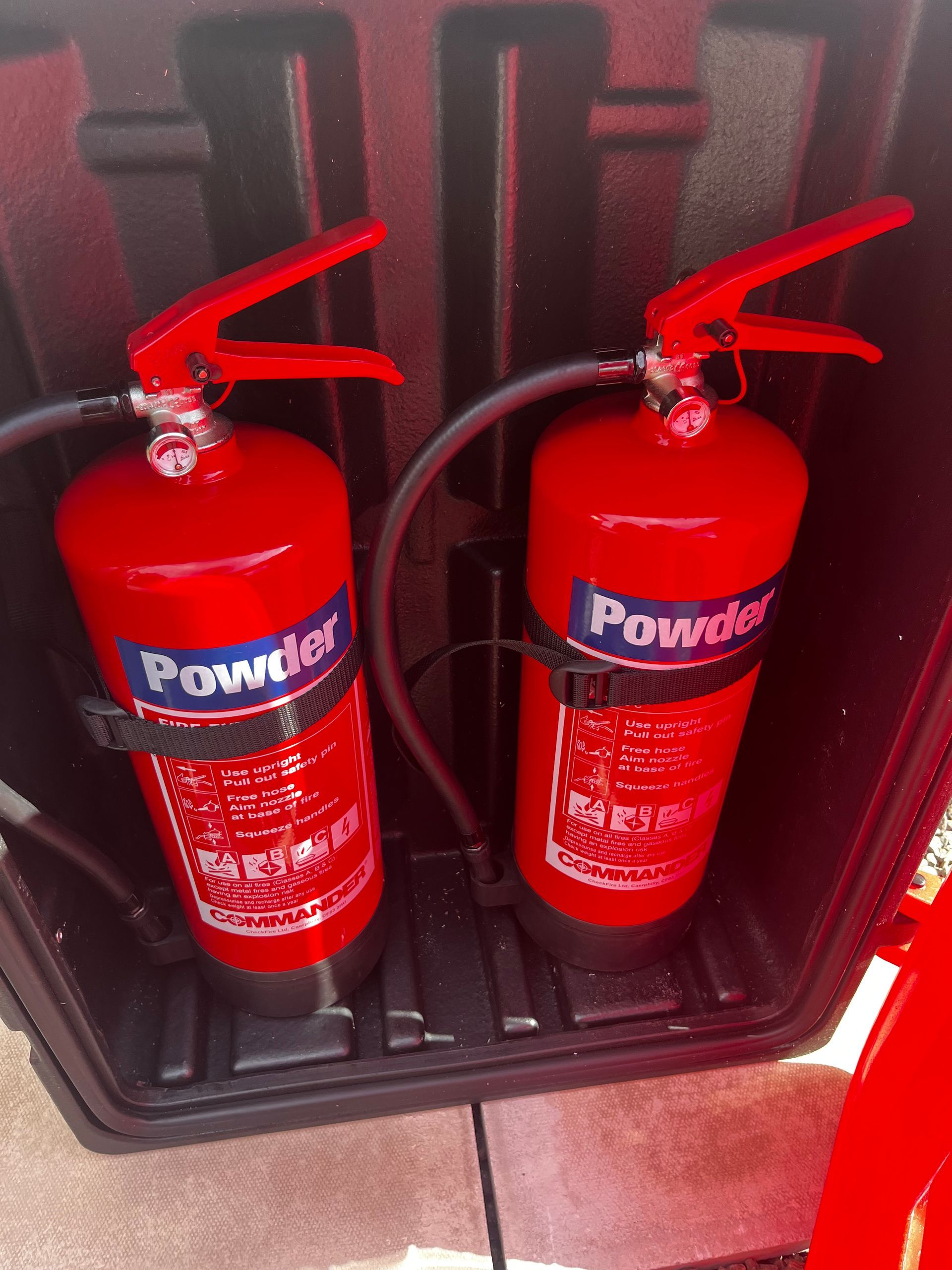 Two red fire extinguishers are sitting in a black box.