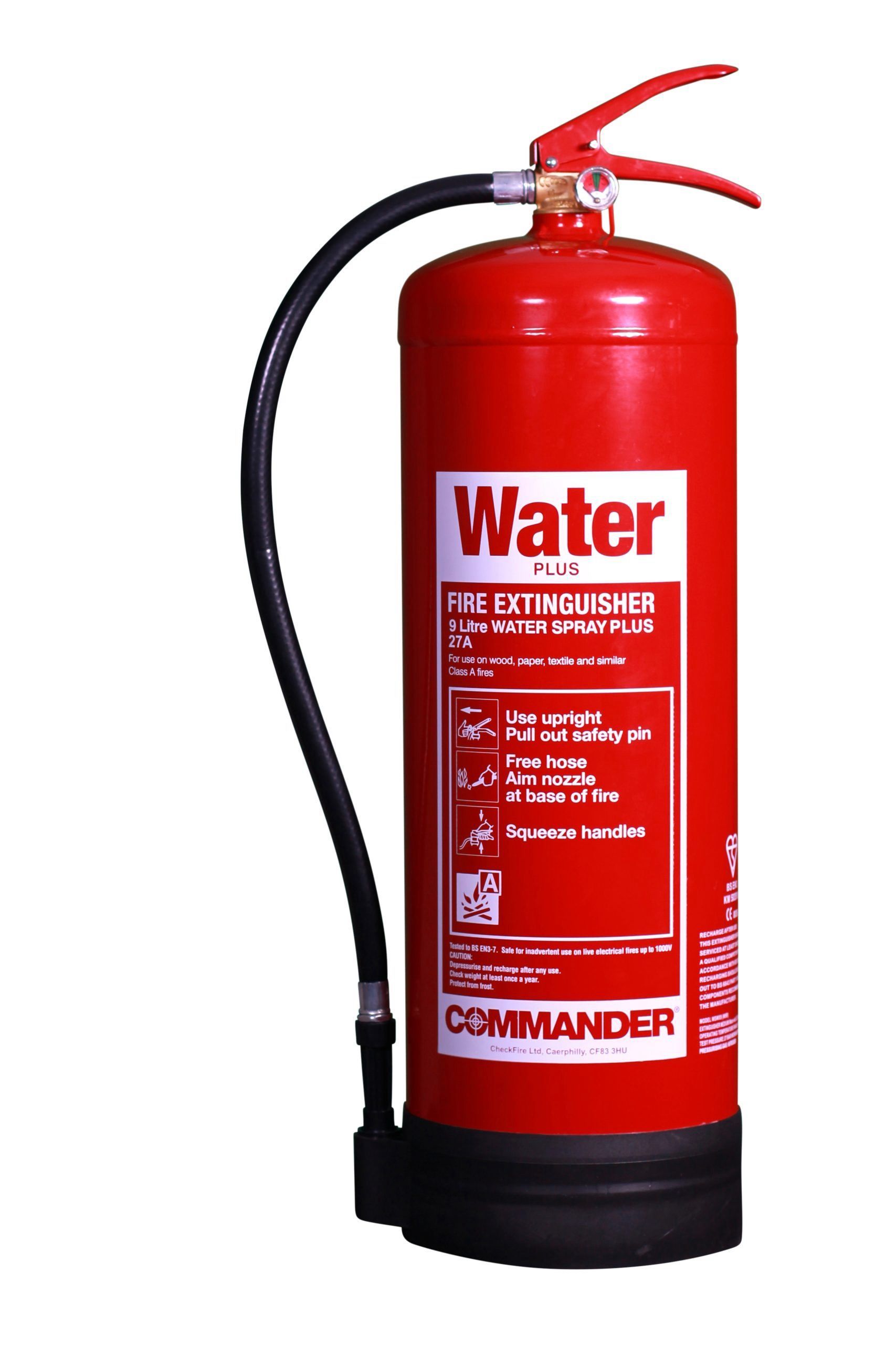 Class A A red water commander fire extinguisher on a white background