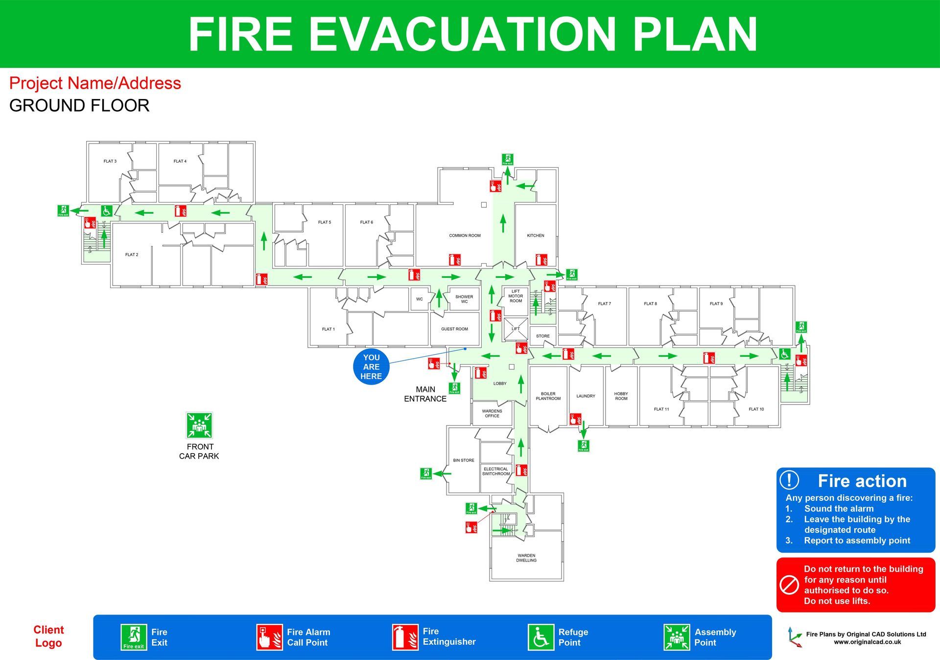 A fire evacuation plan is shown on a white background