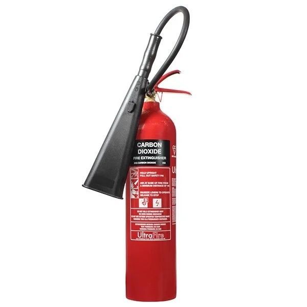 Electrical A red fire extinguisher with a black handle on a white background