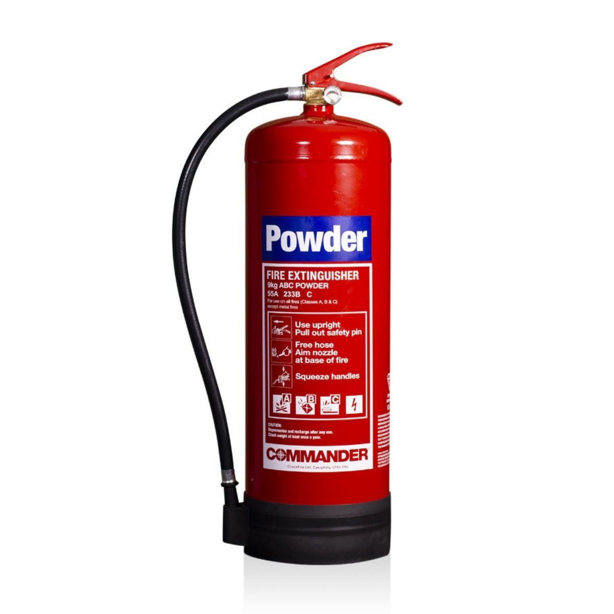 Class C A red powder fire extinguisher is sitting on a white surface.