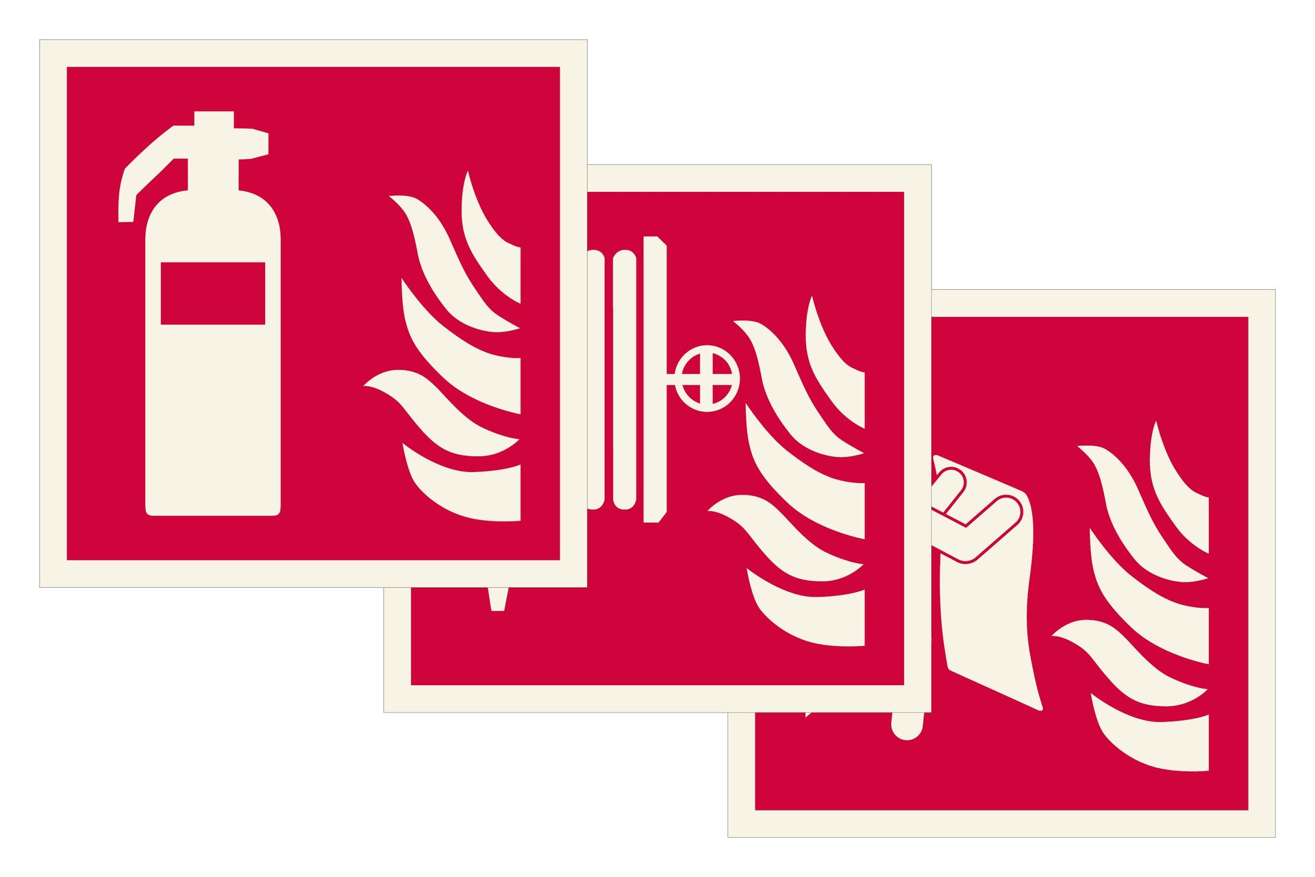 A red sign with a fire extinguisher and fire icons on it