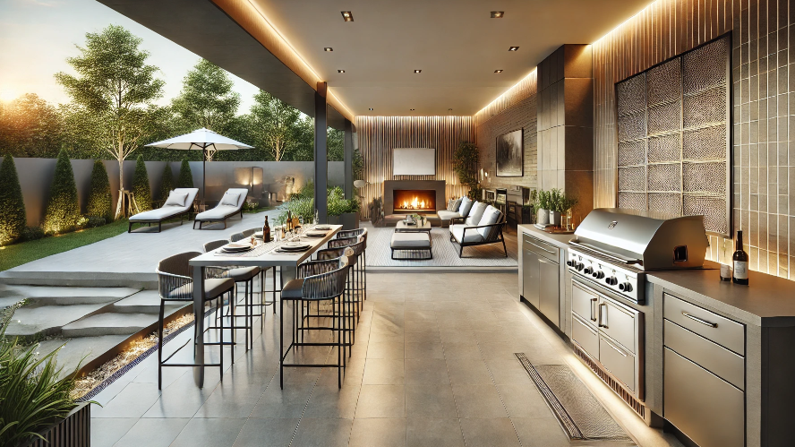 A picture of a recently tiled BBQ area