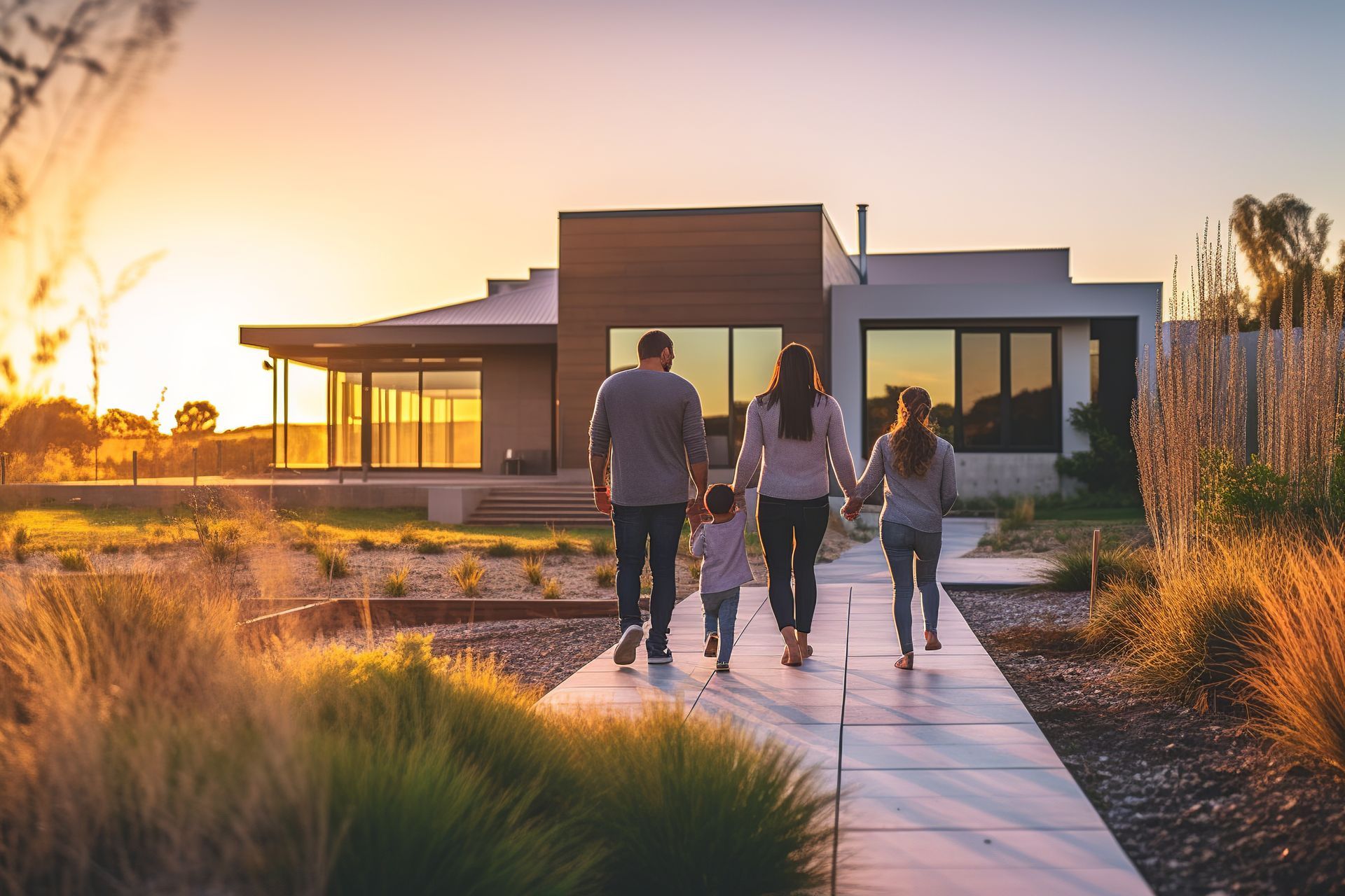 Une famille marche sur un trottoir en direction d'une maison au coucher du soleil.