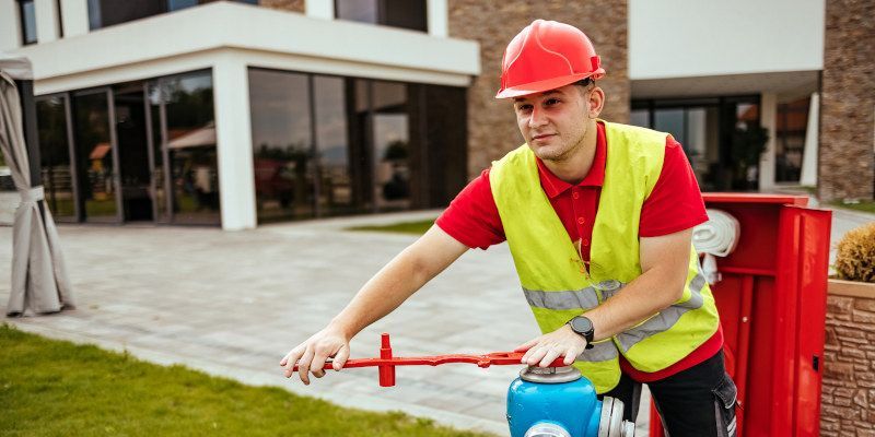 A man wearing a hard hat and safety vest is standing next to a fire hydrant.