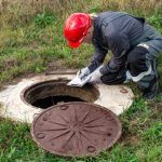 A man is kneeling down next to a manhole cover.