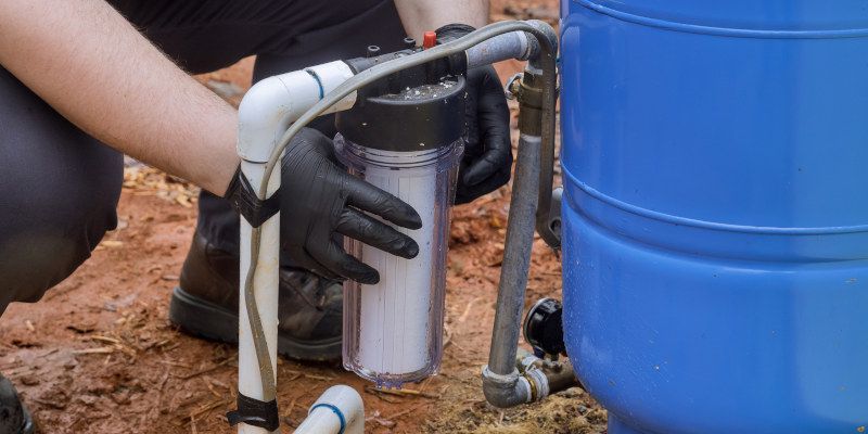 A man is installing a water filter in a water tank.